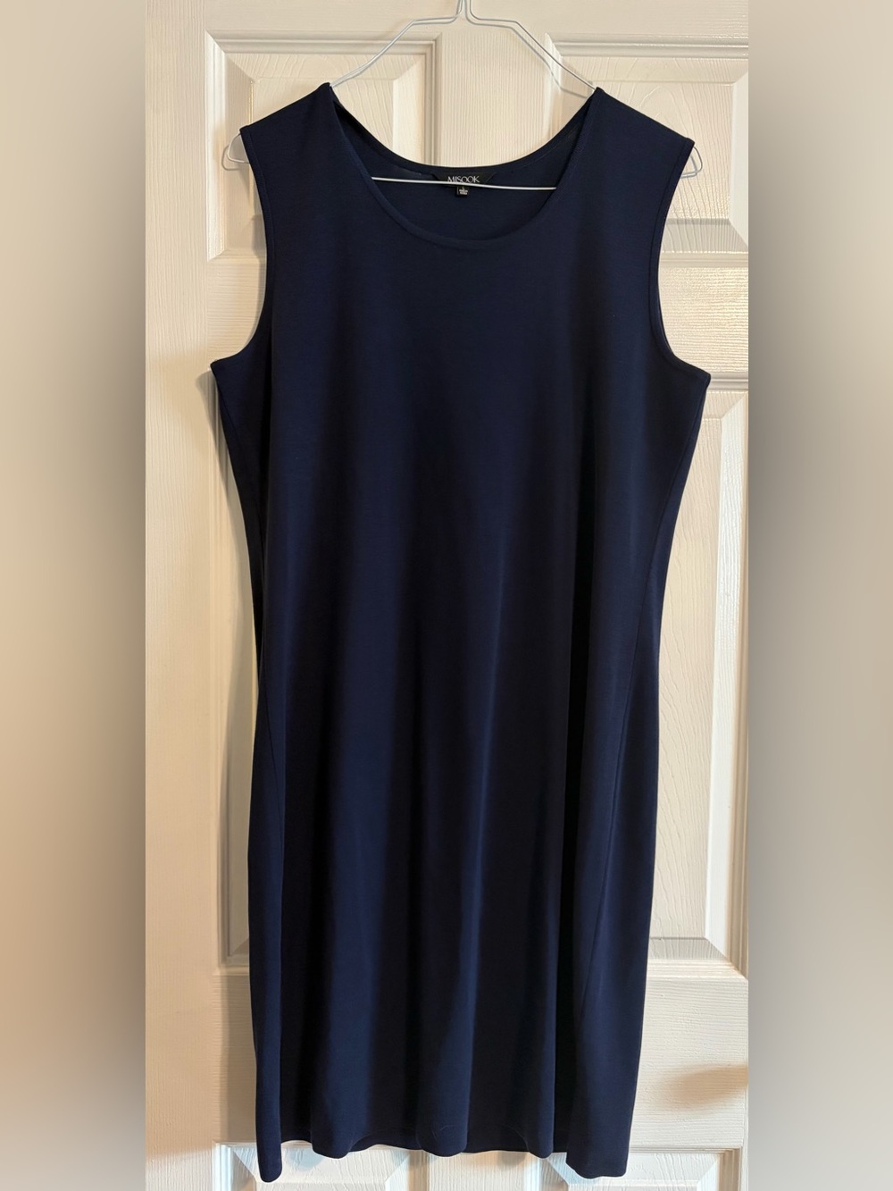 Misook Navy Sleeveless Knit Sheath Dress L Career Office Quiet Luxury